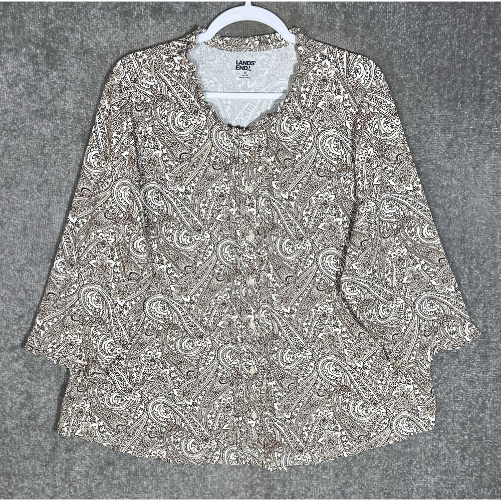 Lands End Top Womens Size 2X 20W-22W Brown Paisley Stretch Button Up Pintucks